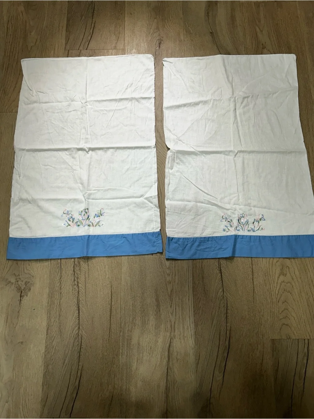 White & Blue Embroidered Pillowcase Pair - Floral Detail